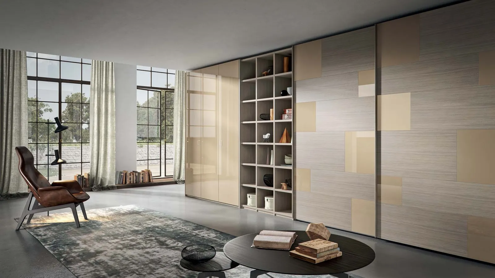 Armadio con ante scorrevoli Strip in Rovere cenere, vetro lucido nocciola e laccato lucido nocciola di Veneran