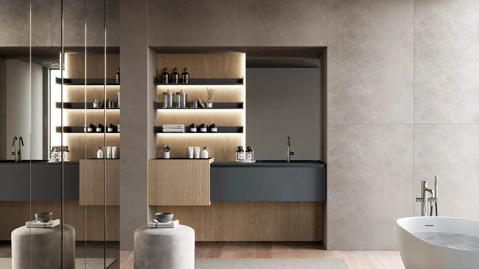 Mobile da Bagno sospeso in fenix grigio bromo e canneté rovere visone Facto 01 di Birex