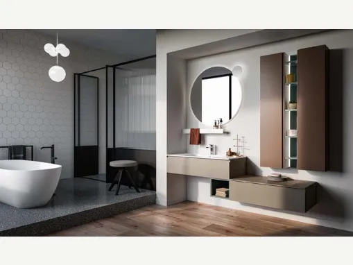 Mobile da bagno sospeso in laccato opaco terracotta e melaminico argilla Lapis 03 di Birex