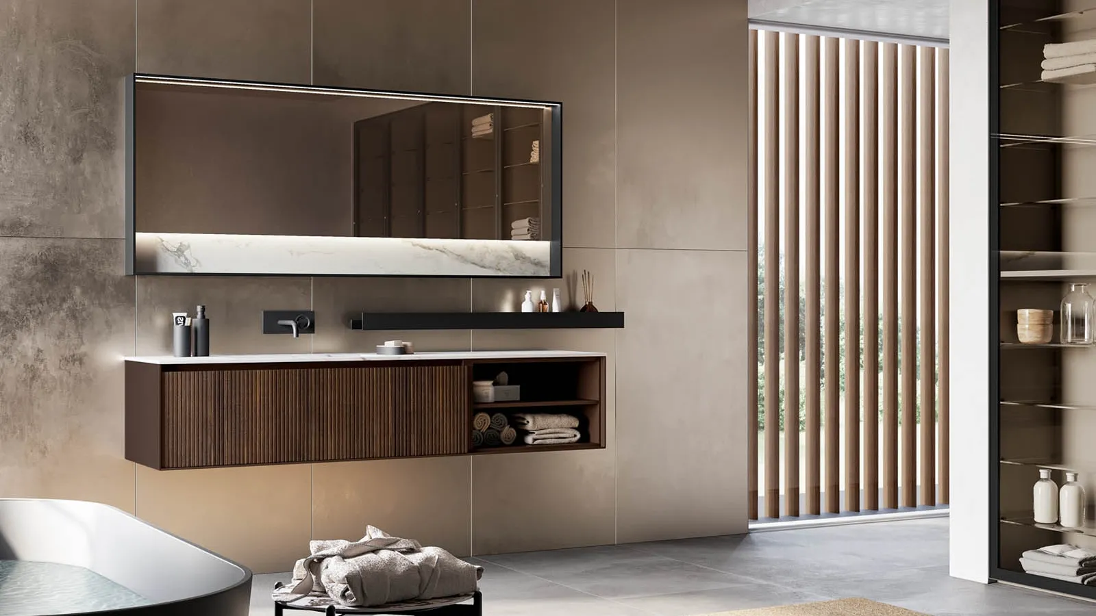 Mobile da Bagno sospeso in canneté rovere termotrattato e laccato opaco moka Traccia 04 di Birex