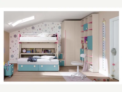Cameretta in melaminico e laccato azzurro e rosa Alpha Letto a Castello B030 di Doimo Cityline