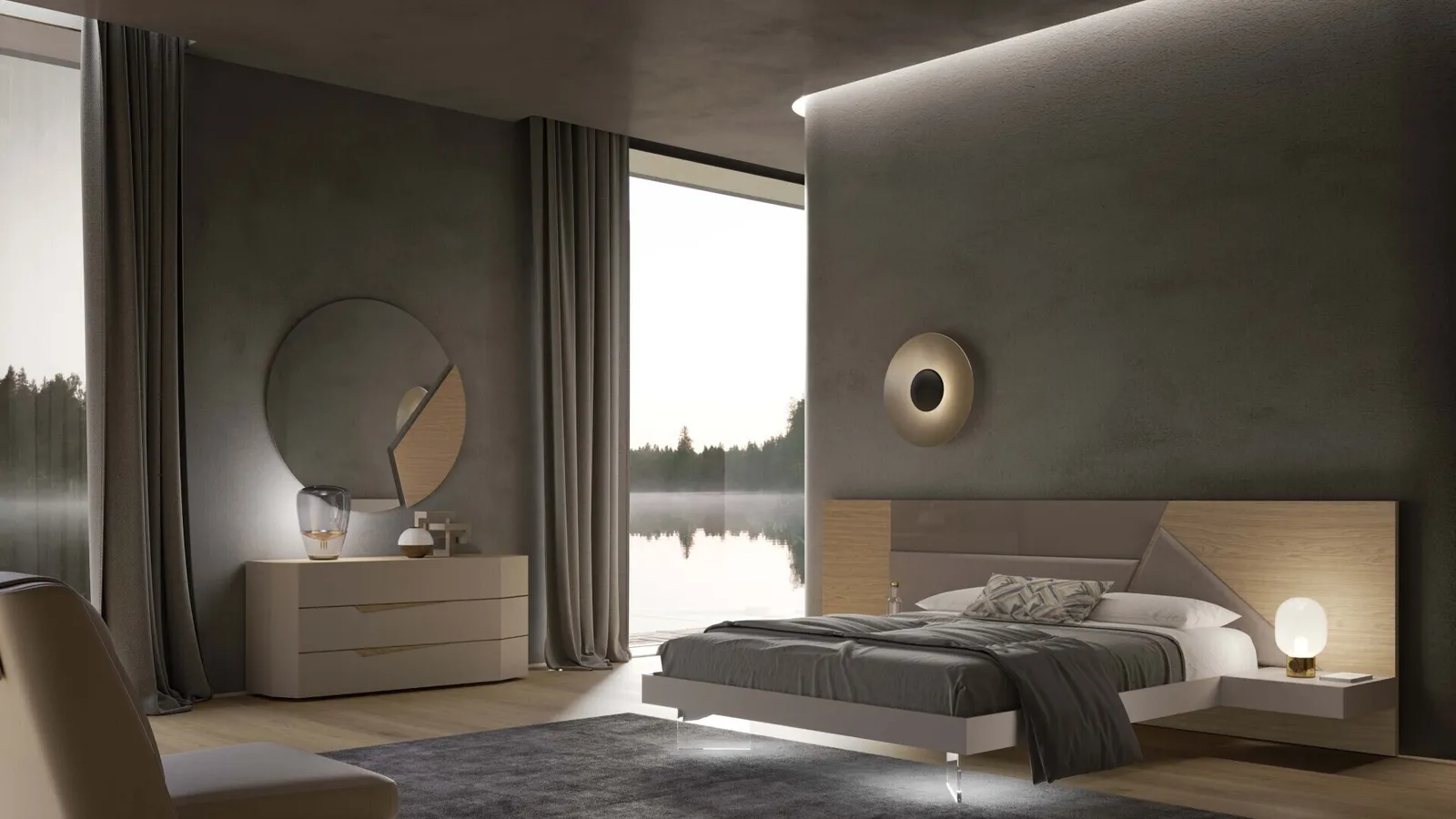 Letto con testiera in legno con inserti in ecopelle e vetro Alicante Quercia di Voltan