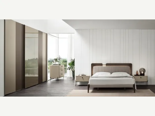 Letto con testiera in Rovere Thea rivestita in tessuto di lino Ginger di Maronese Acf