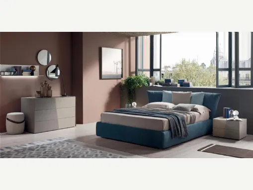 Letto con box contenitore e testiera formata da cuscini in tessuto imbottito Ninfea di Maronese Acf