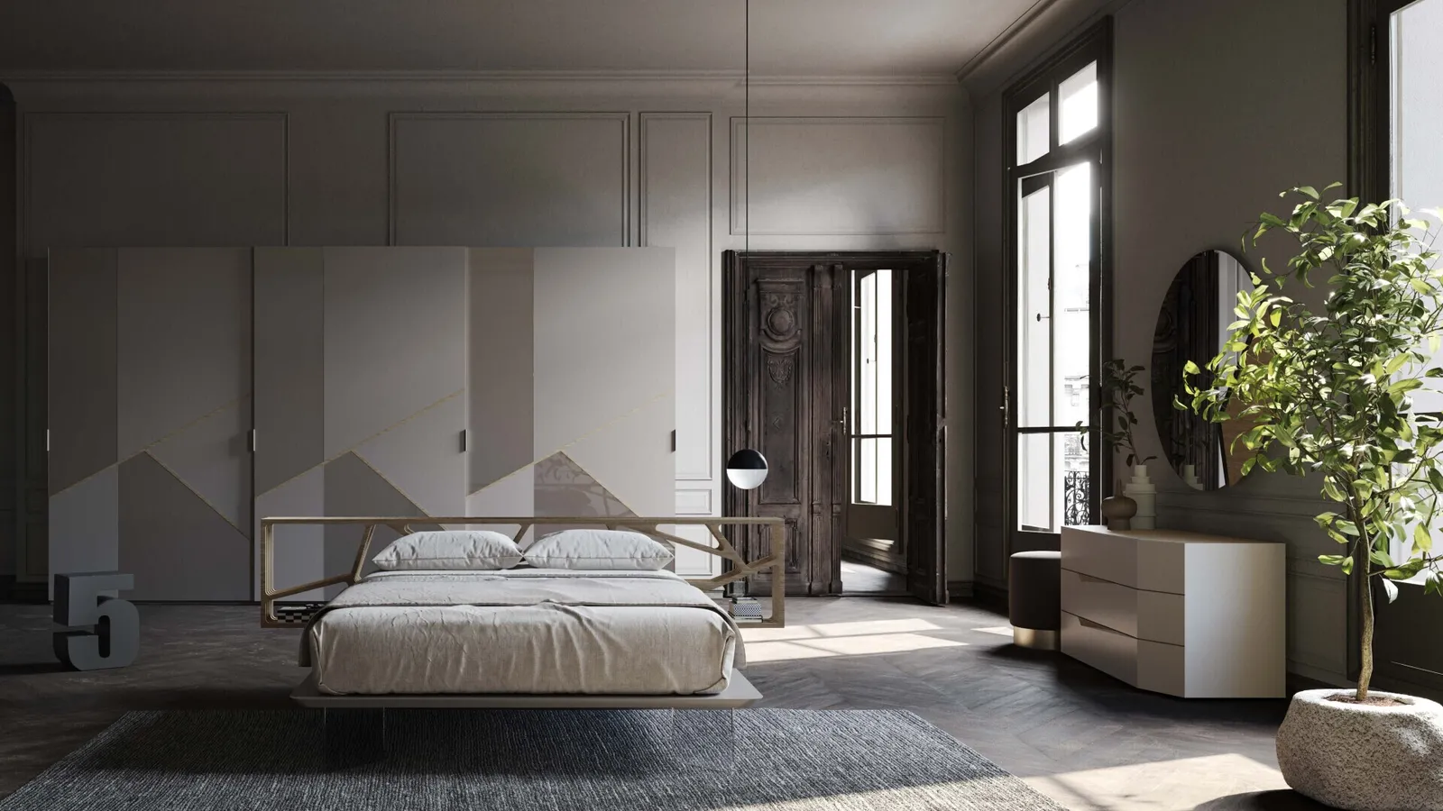 Letto di design con testiera in Quercia Space di Voltan