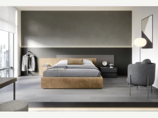 Letto con contenitore Testiera Time in tessuto imbottito e legno di Novamobili