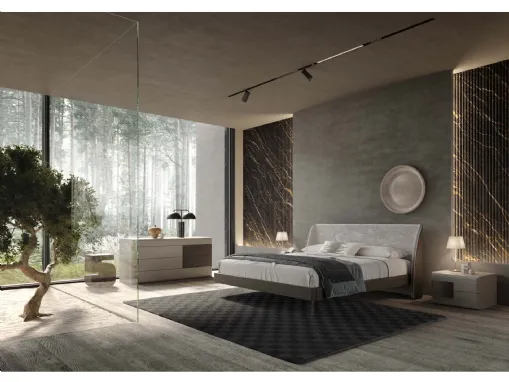 Letto Eikon finitura Quercia Carbone con testiera rivestita internamente in tessuto di Voltan