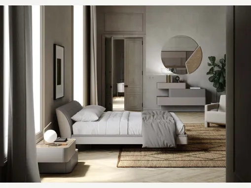 Letto con testiera Prestige laccato opaco grigio alpaca in econabuk fango imbottito di Voltan