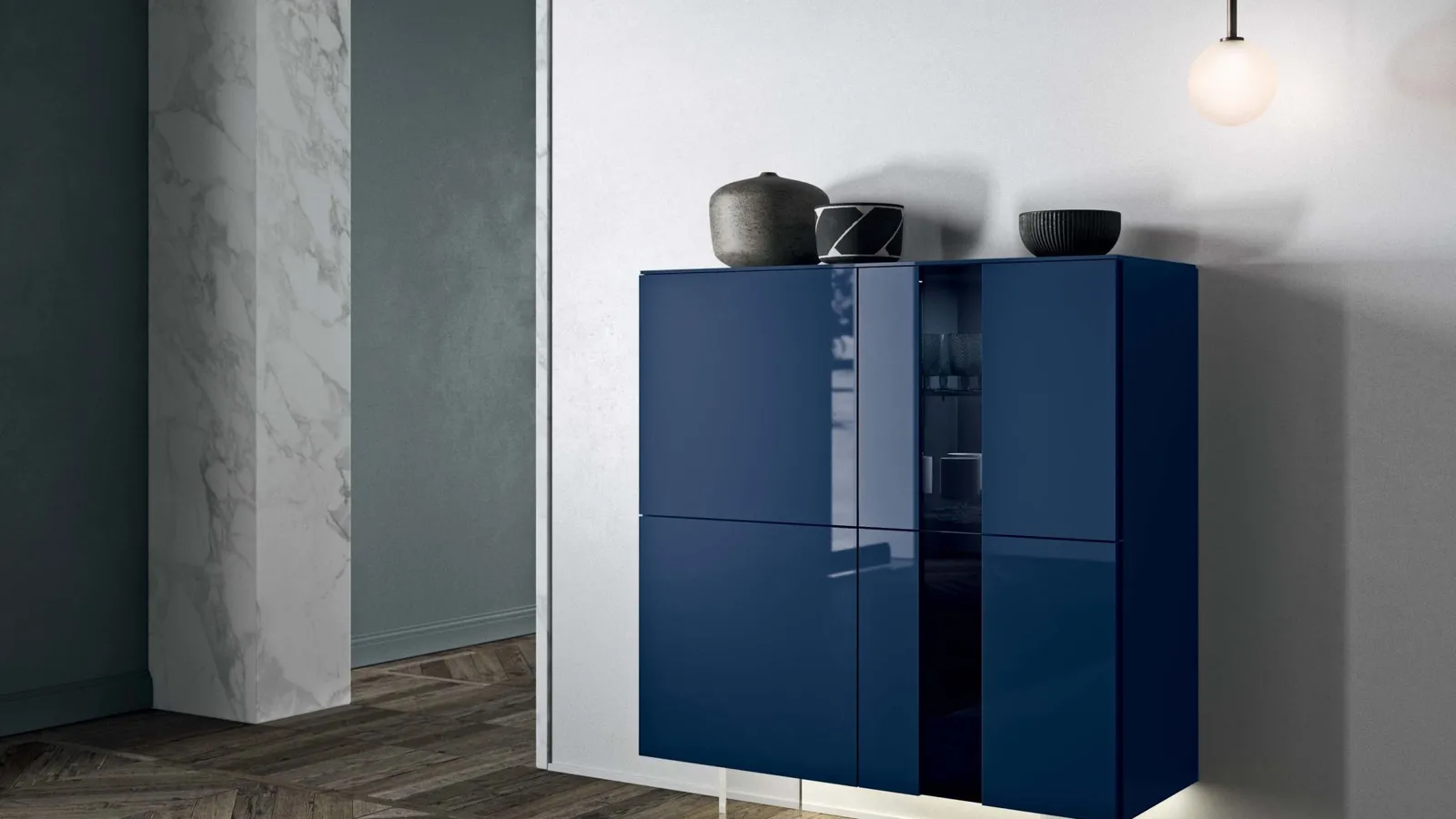 Madia Alta I-Modul Art in laccato lucido con piedini in metacrilato trasparente di Presotto