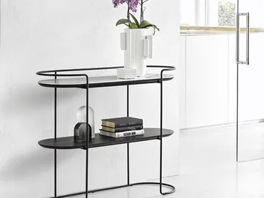 Mobile ingresso in tondino di metallo con piano superiore in ceramica e piano inferiore in legno Atollo di Calligaris