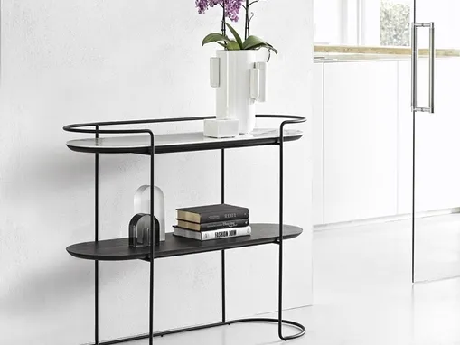 Mobile ingresso in tondino di metallo con piano superiore in ceramica e piano inferiore in legno Atollo di Calligaris