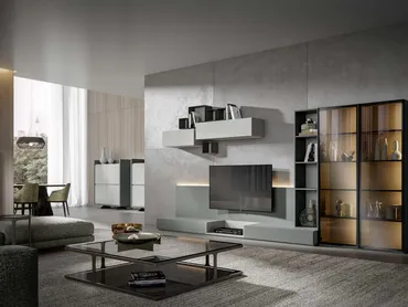 Parete Attrezzata Modulo 04 in laccato Fumo e Cenere Opaco con Vetrine di Veneran