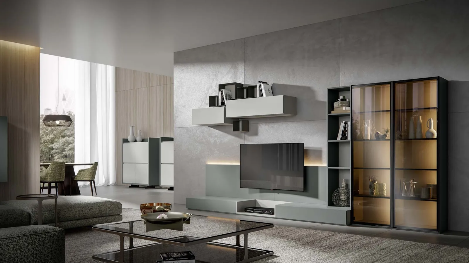 Parete Attrezzata Modulo 04 in laccato Fumo e Cenere Opaco con Vetrine di Veneran