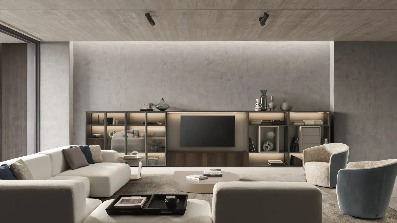 Parete Attrezzata Pari & Dispari 07 in legno con vani a giorno e ante in vetro di Presotto