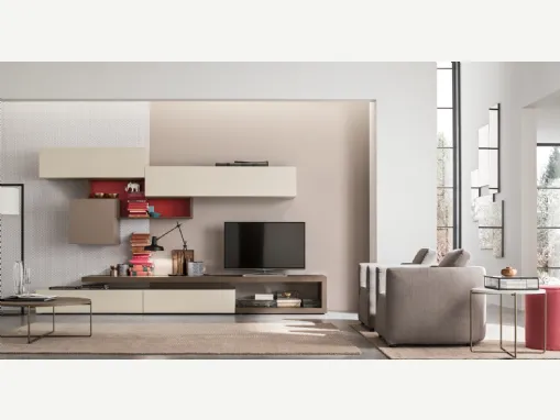 Parete Attrezzata Seta Unix SU2110 in melaminico Rovere Avena e laccato opaco Juta, Melograno, Terra di Maronese Acf
