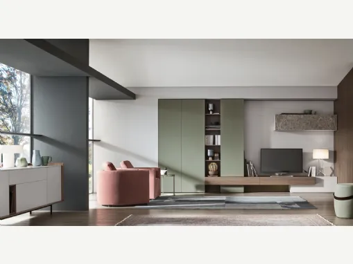 Parete Attrezzata Seta Unix SU2114 in melaminico Rovere Avena, Marmo Ash Stone e melaminico Verde Palude, Agata di Maronese Acf