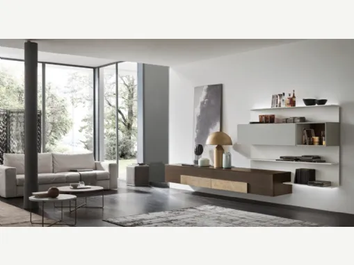 Parete Attrezzata sospesa Seta Unix SU2120 in melaminico Rovere Thea con decoro e laccato opaco di Maronese Acf