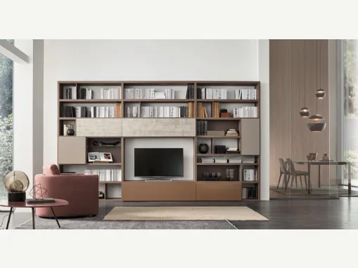 Parete Attrezzata Spalla SA2210 in melaminico Rovere Avena e laccato opaco Cotto, Canapa e Castagno di Maronese Acf