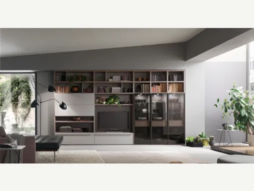 Parete Attrezzata Spalla SA2217 in melaminico Rovere Avena e laccato opaco Agata, Terranova di Maronese Acf