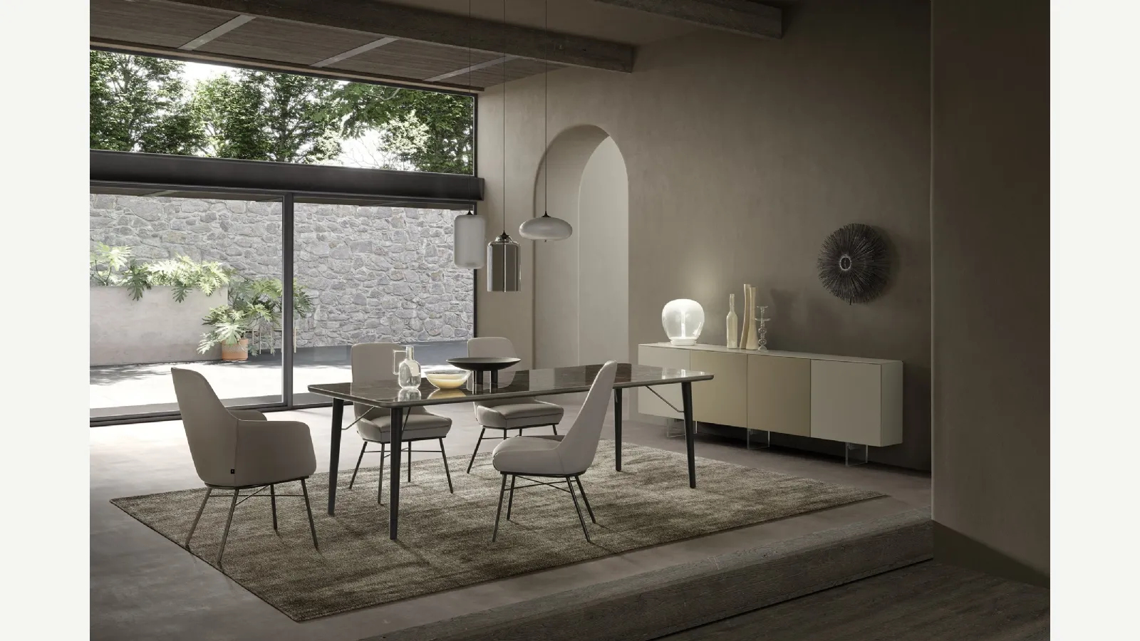 Tavolo New Merge con top in ceramica e gambe in Frassino di Presotto