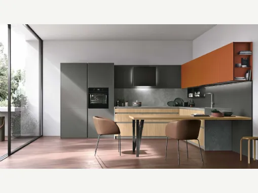 Basi Rovere Sole, colonne Pet Canna di fucile opaco. Pensili in laccato Lavaredo. Top Neolith® New York Silk. 