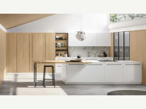 Basi e pensili in Pet Bianco Assoluto opaco. Colonne e piano snack in Rovere Sole. Top HPL Calacatta. Colonne anta vetro cannettato.